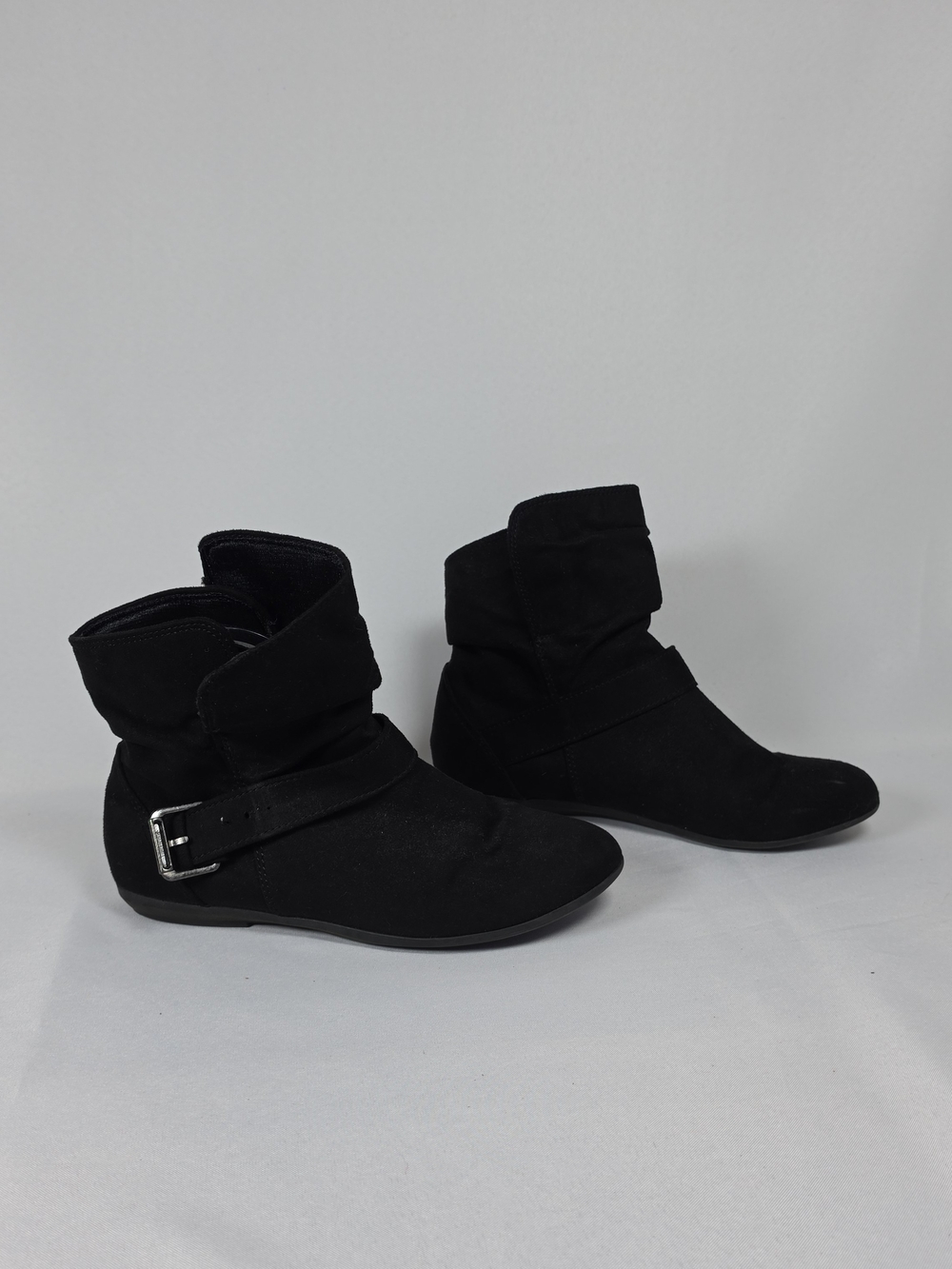 Lower East Side Black Slouch Ankle Boots Faux Suede Buckle Strap Womens 7